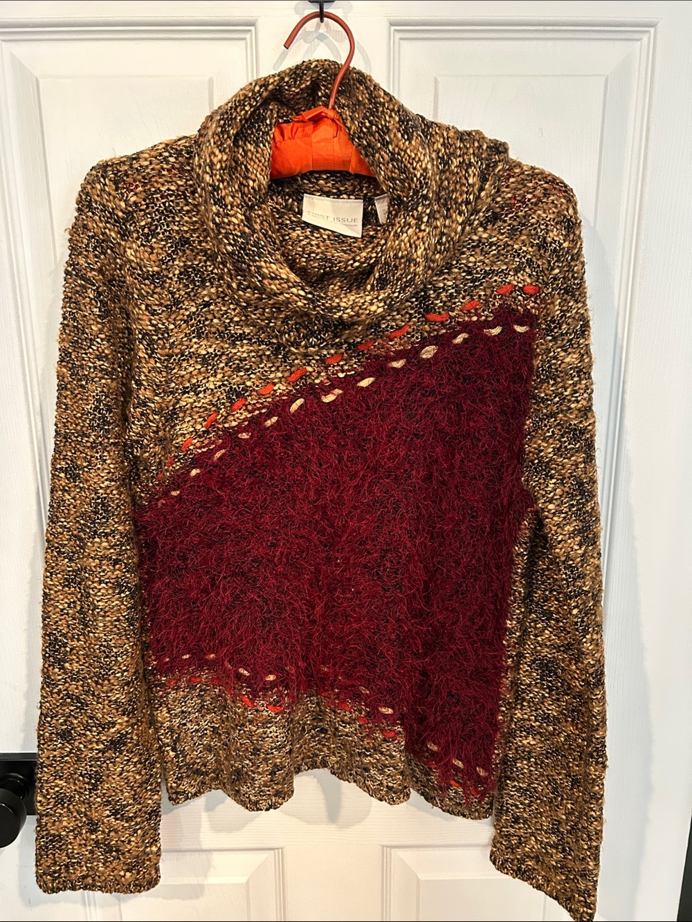 Liz Claiborne Cowl Neck Colorblock Sweater in Burgundy & Brown